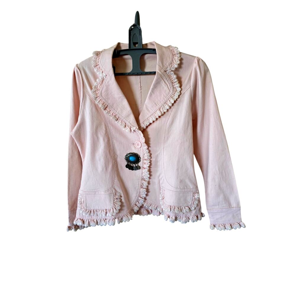 Vtg Western Style Lace Trim Pink Jacket with Turquoise Pendant Size S No Tag
